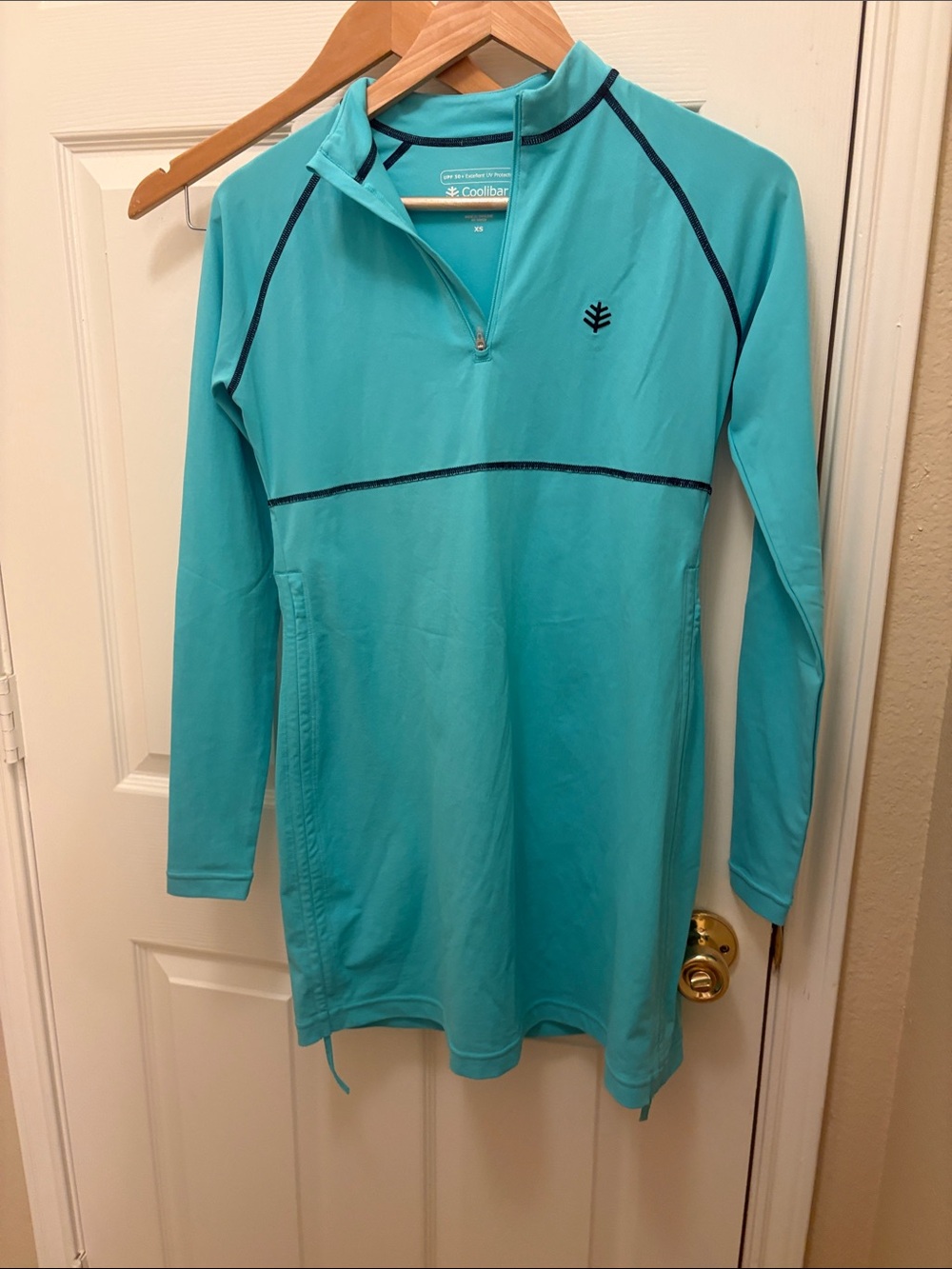 Coolibar Turquoise Long-Sleeve Swim Tunic with Navy Trim size XS